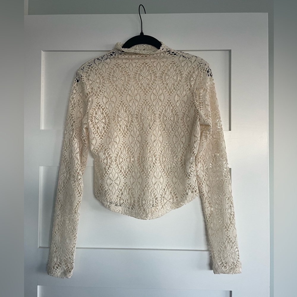 Free People Cream Crochet Lace Mock Neck Top